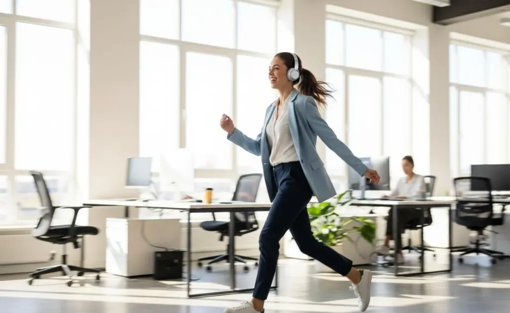 Woman walking comfortably in an office wearing lightweight headphones securely in place on her smaller head