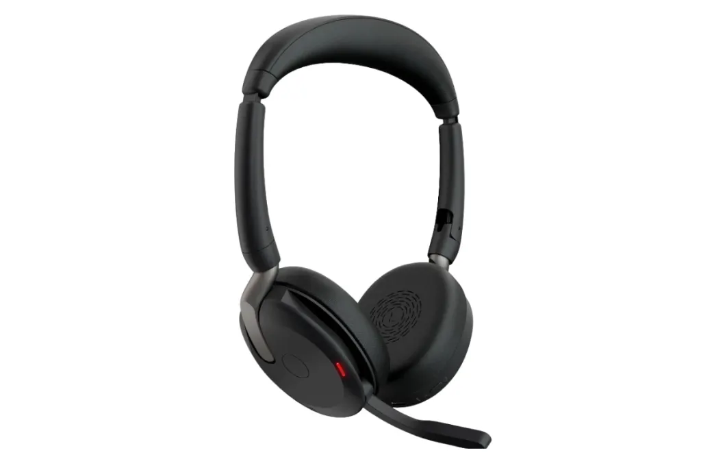 An angled view of a Nuoum over-ear headset with earcup controls and a small red LED indicator on a white background.
