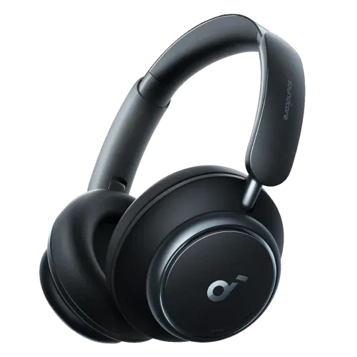 The Anker Soundcore Space Q45 wireless headphones for android shown at a high angle, displaying the sleek, black design and plush ear cups.