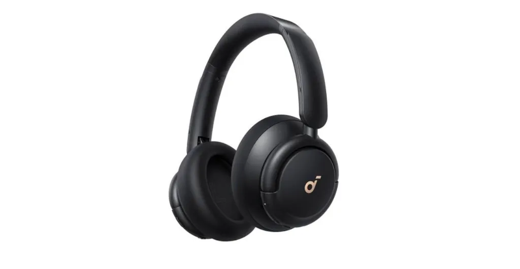 Anker Soundcore Life Q30 wireless active noise-cancelling over-ear headphones in matte black with a gold Soundcore logo centered on the right ear cup, featuring thick protein leather memory foam ear cushions, an adjustable padded headband