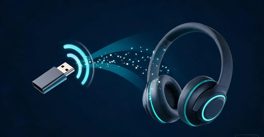 3D visualization of wireless audio signal flowing from USB dongle to headset with glowing cyan data particles