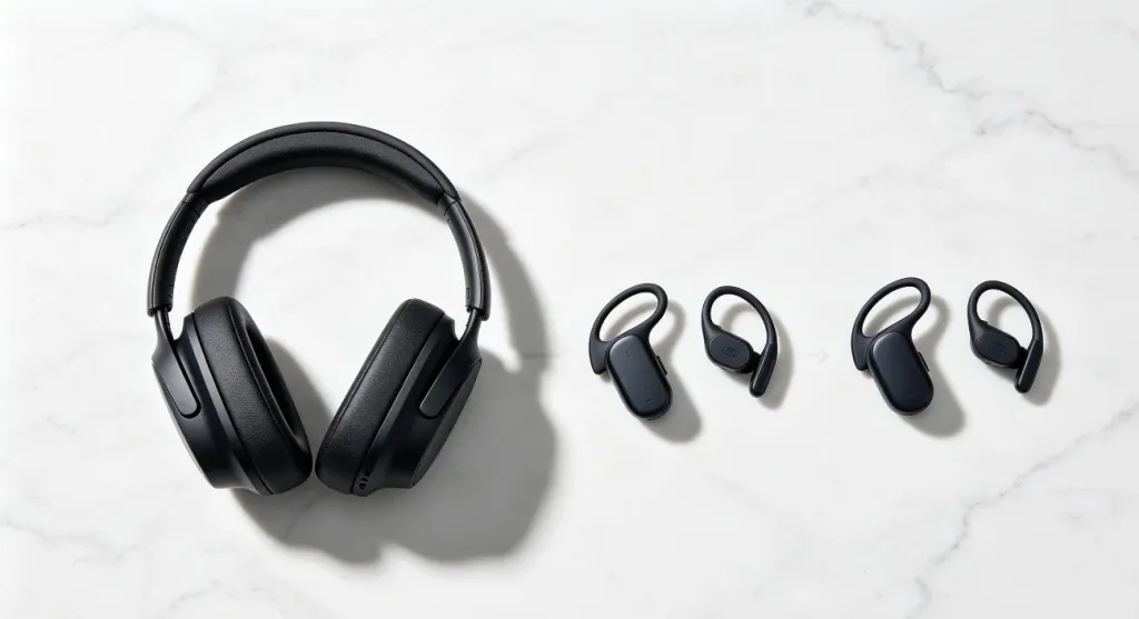 Flat lay showing the evolution of audio technology from bulky vintage telephone headset to modern sleek open-ear wireless earbuds on a white marble surface