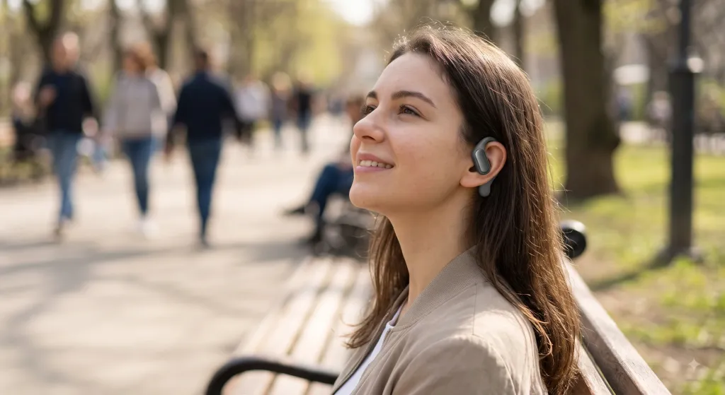 A warm lifestyle photograph capturing a woman sitting relaxed on a sunlit park bench, head tilted upward, wearing subtle, lightweight open-ear hook headphones. She has a content smile, indicating enjoyment while remaining aware of the blurred park atmosphere.