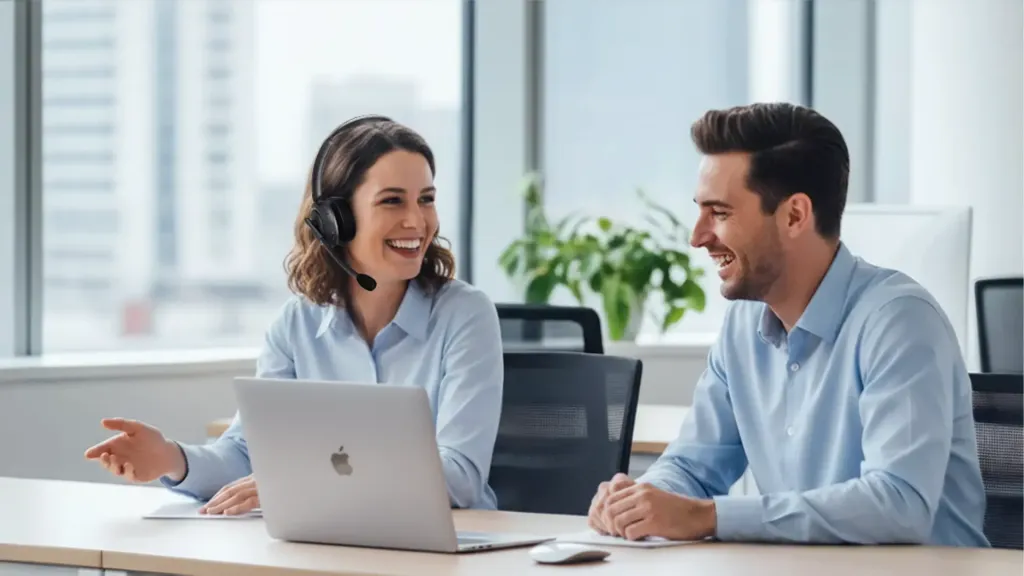 Banking employee using a wireless headset with noise-cancelling microphone during a virtual meeting, ensuring clear customer interactions from home