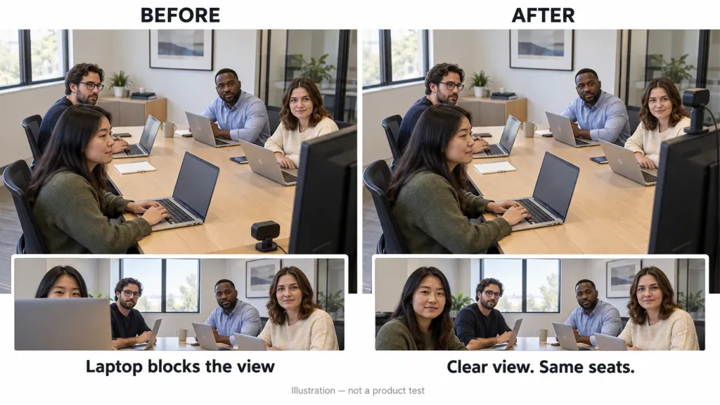Before-and-after comparison of conference camera placement with laptops open