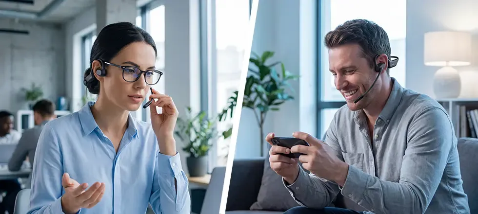 Person wearing the Nuroum OpenEar Pro 2 headset while making a phone call, demonstrating clear audio in a noisy environment.