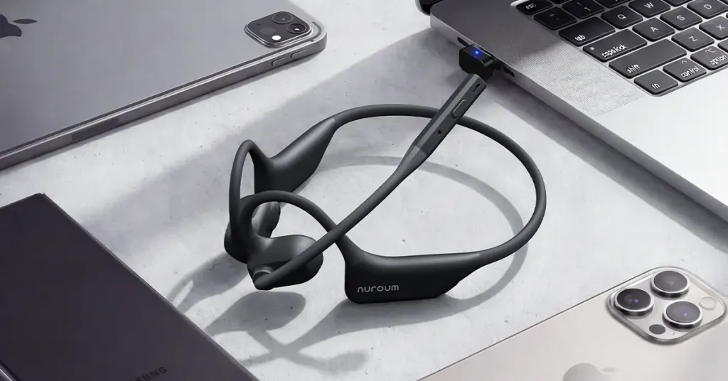 Nuroum OpenEar Pro 2 headset displayed clearly, showing its open-ear design, neckband style, and sleek appearance.