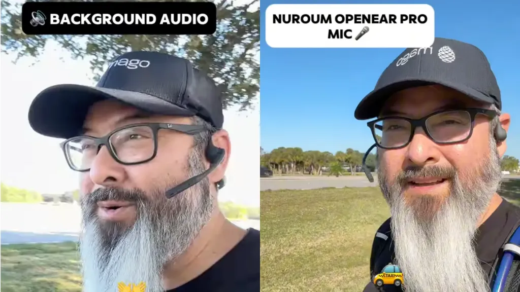Danny Hayasaka walking his dog outdoors, demonstrating real-world background noise and how it is captured and transmitted through the OpenEar Pro 2 headset microphone.