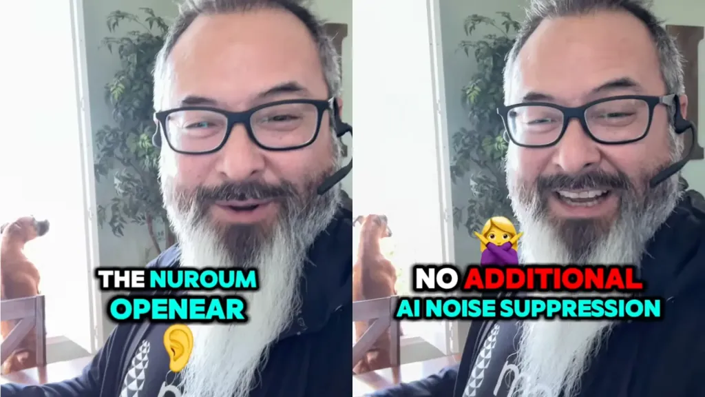 Danny Hayasaka wearing the OpenEar Pro 2 headset indoors, with his barking dog in the background, demonstrating clear microphone audio despite the noise.