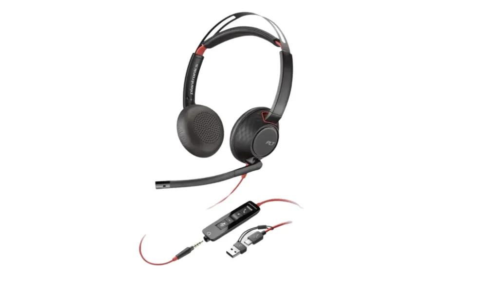Poly Blackwire 5220 ergonomic wired headset with noise-canceling microphone for office deployment.