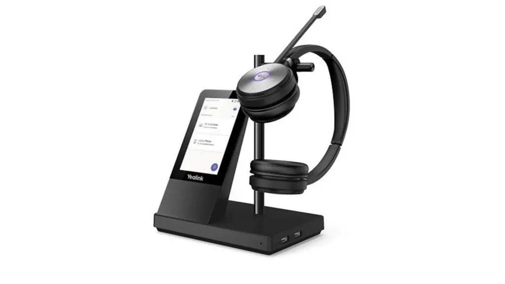 Yealink WH66 DECT wireless headset workstation with integrated touchscreen for desk-bound agents.