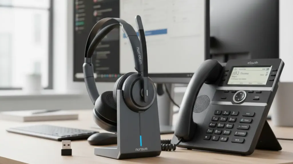 HP31D headset placed on an office desk next to a Cisco IP Phone in a bright, modern workspace.