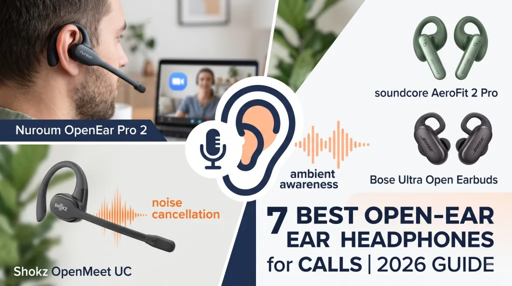 Split view of Nuroum Pro 2 (home office ENC) and Shokz UC (noisy office boom mic). Title: '7 BEST OPEN-EAR HEADPHONES for CALLS | 2026 GUIDE'.