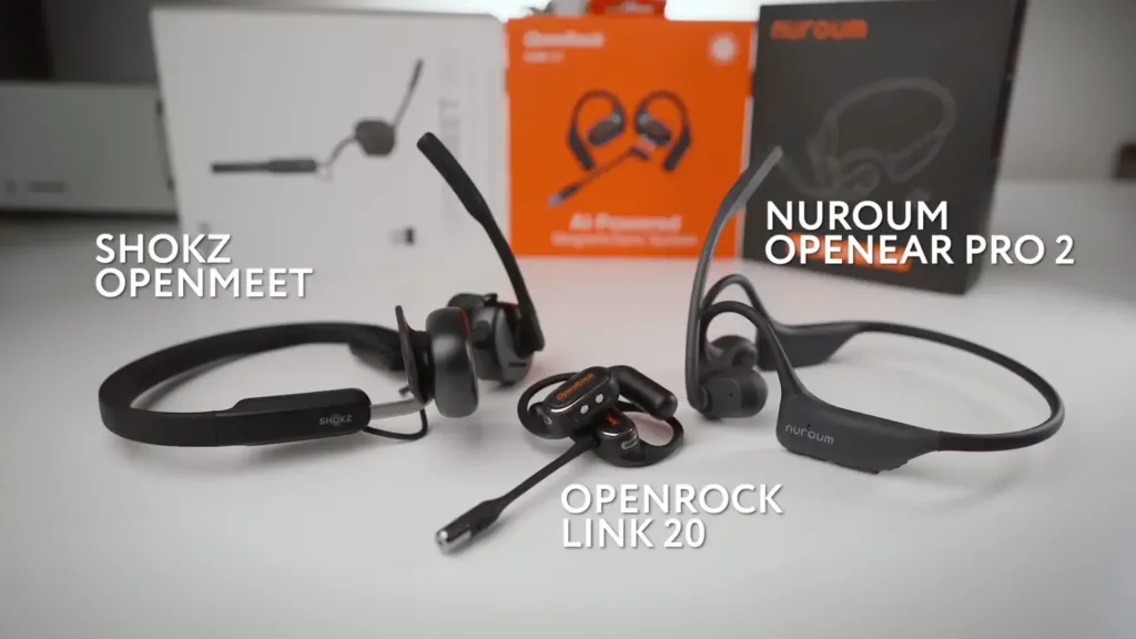 Nuroum OpenEar Pro 2, Shokz Open Meet, and OpenRock Link 20 open-ear headsets displayed together, highlighting their designs, features, and professional use for office, remote work, and outdoor activities