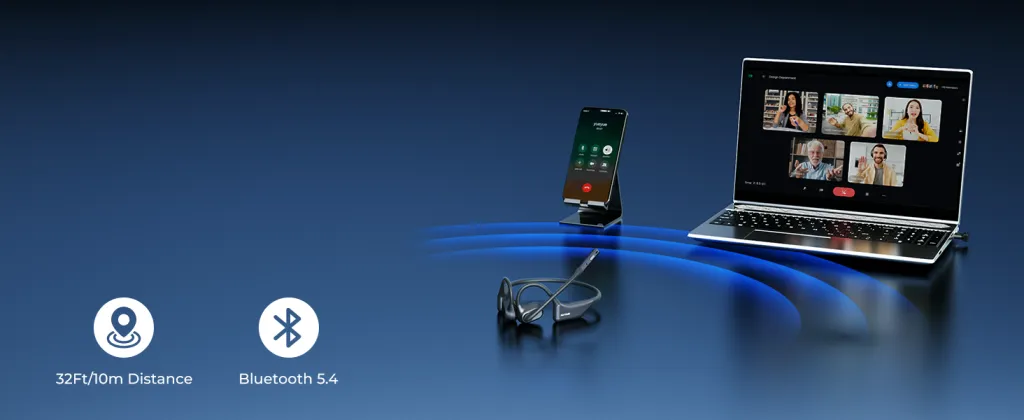 Nuroum OpenEar Pro 2 open-ear wireless headset with USB dongles connected to a MacBook and a Windows PC