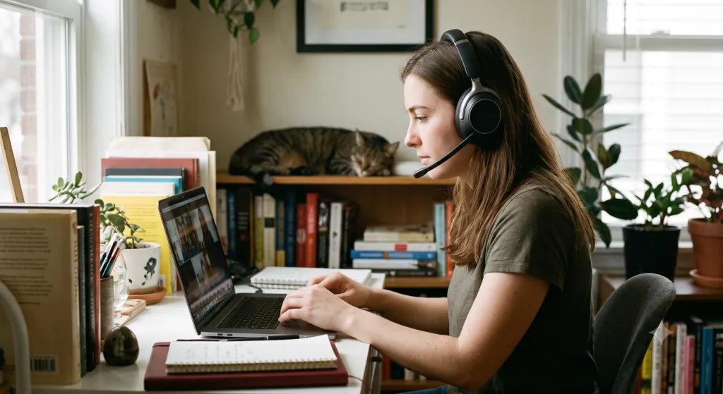 A home worker finds focus and isolates her voice, preventing domestic background noise from disrupting the call.