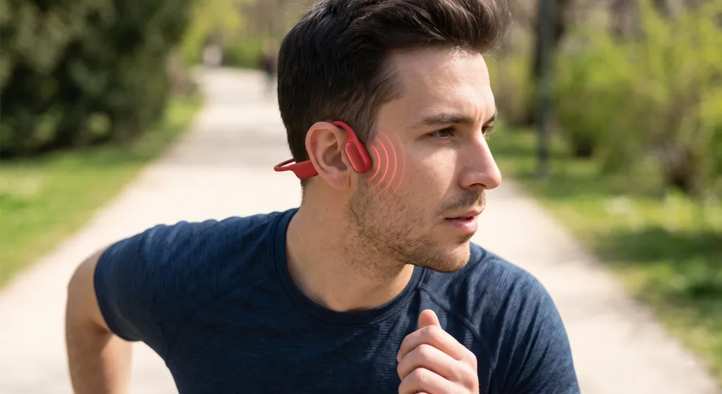 A dynamic candid photograph of a male runner in mid-stride on a sunlit pathway. He wears a red, wraparound bone conduction headset with transducers resting on his cheekbones. Red concentric circles visualize the vibrations bypassing the eardrum.