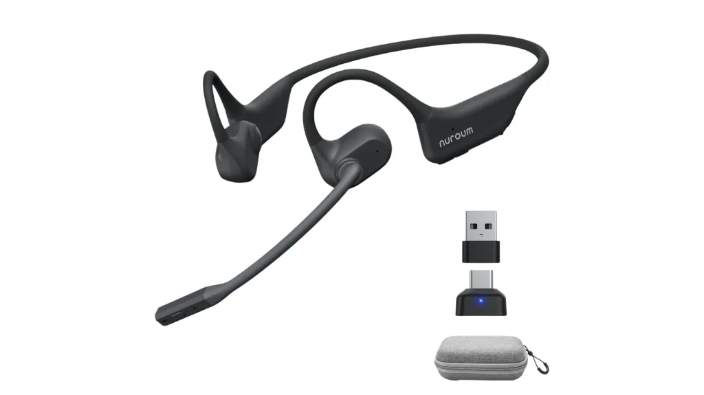 Image of a bone conduction headset with boom mic, USB dongle, USB-C adapter, and storage case.