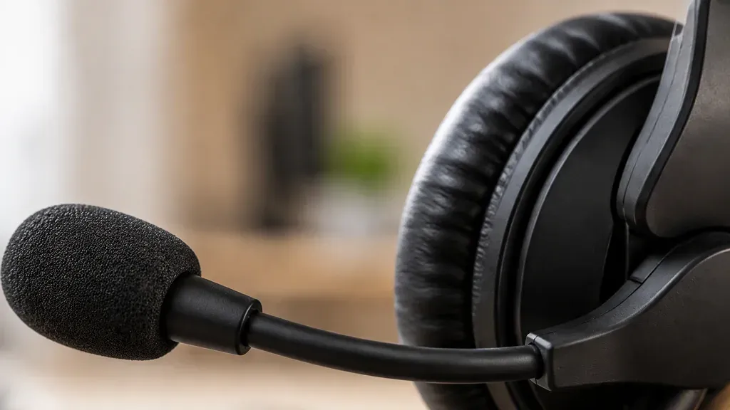 Close-up of a headset boom microphone and ear cushion