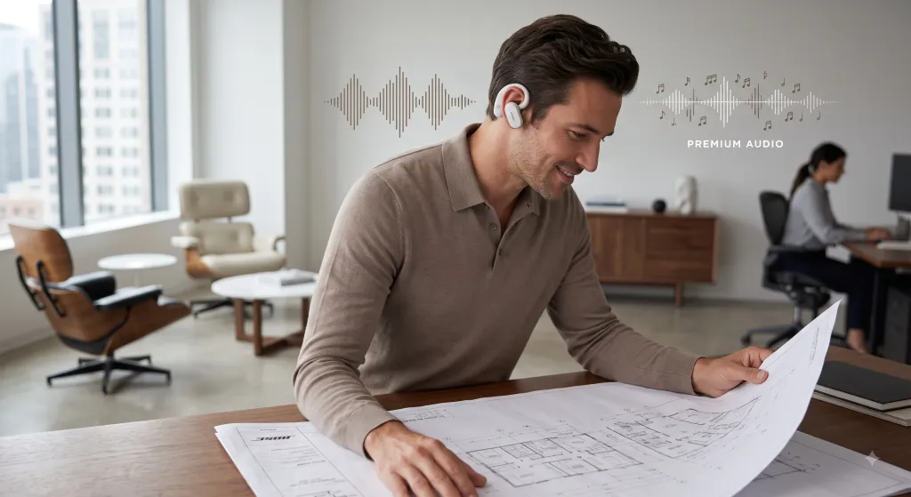 Architect in modern studio studies blueprint, wearing Bose Ultra Open Earbuds. Delicate soundwave graphic with notes symbolizes premium audio.