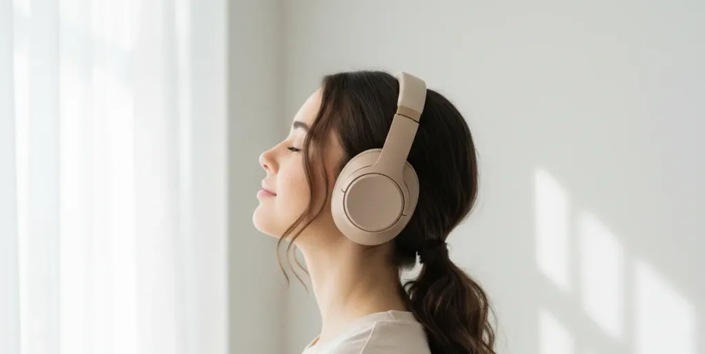 Person with hair tied back in a ponytail wearing headphones comfortably without crown pressure issues