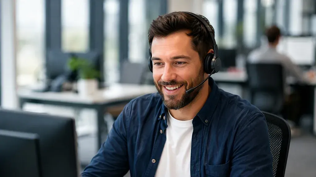 A customer support agent wearing a dual-ear wireless headset at an office desk