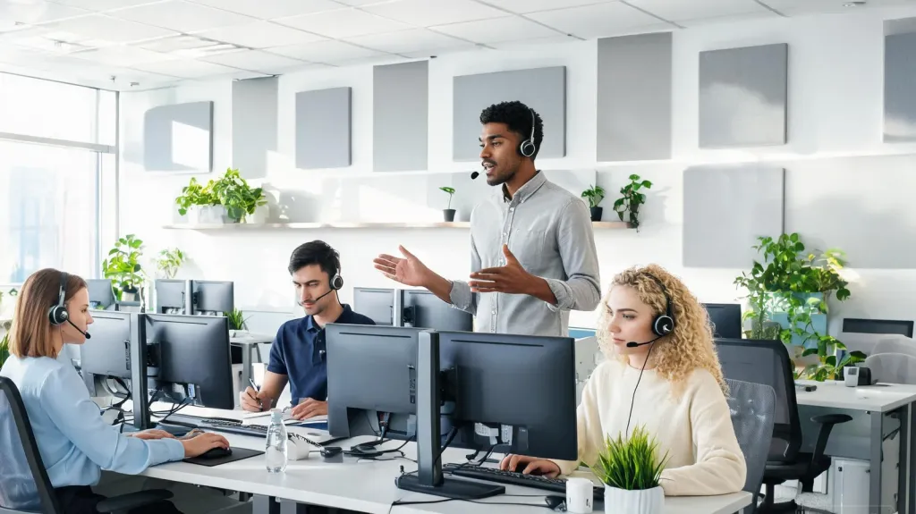 Diverse call center team in a modern office environment, agents at workstations, collaborative atmosphere, professional editorial photography style