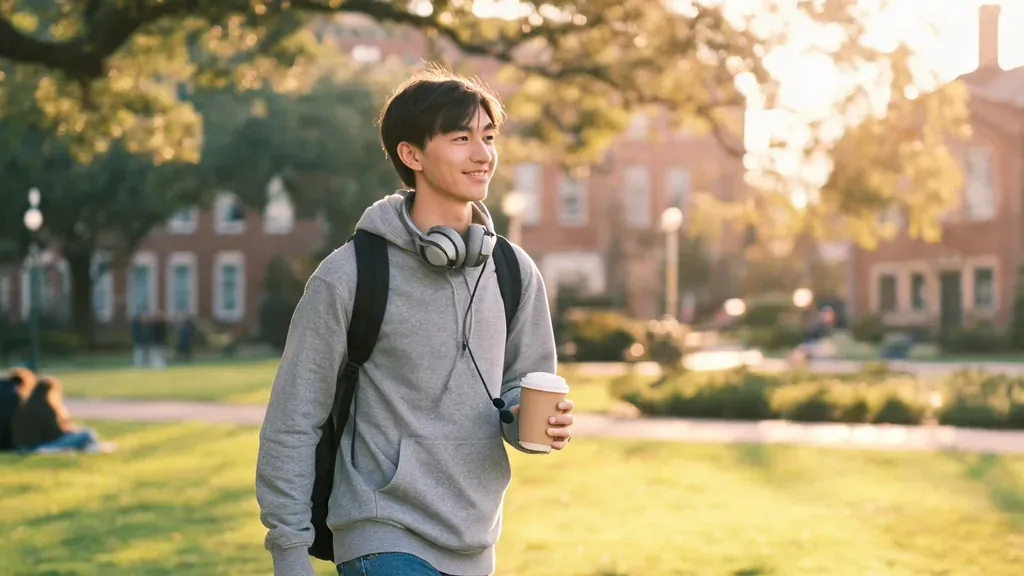 A student walking across a sunny campus quad between classes with a headset around the neck, a casual lifestyle shot