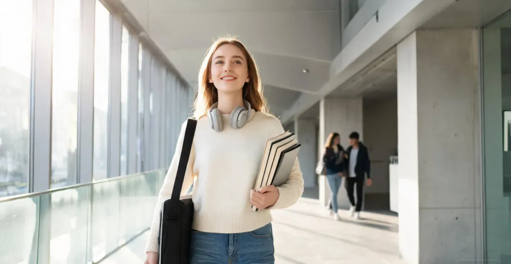 Female student walking through a modern university hallway carrying books and a laptop bag, bright natural light streaming through windows, editorial photography style, no text, no logos, clean edges, no borders, no black bars, full bleed composition, edge-to-edge content, no text, no logos, no watermarks, no signatures, no UI badges, no stamps