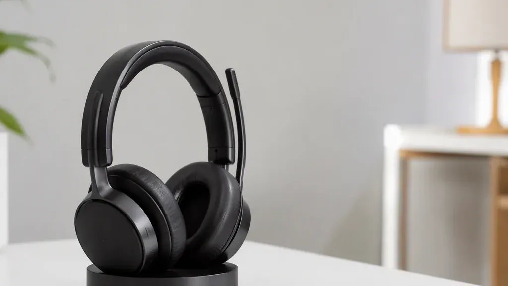 A black wireless headset standing on its charging base on a clean desk