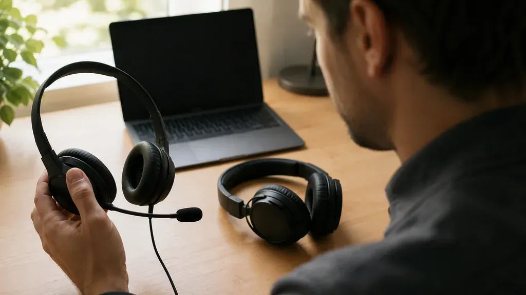 A person at a desk comparing a headset in hand with headphones resting nearby