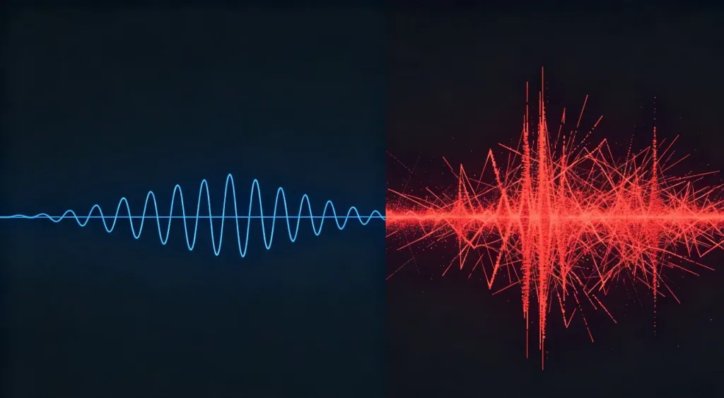 Abstract visualization of a clean blue audio waveform versus a chaotic noisy red waveform on a dark background