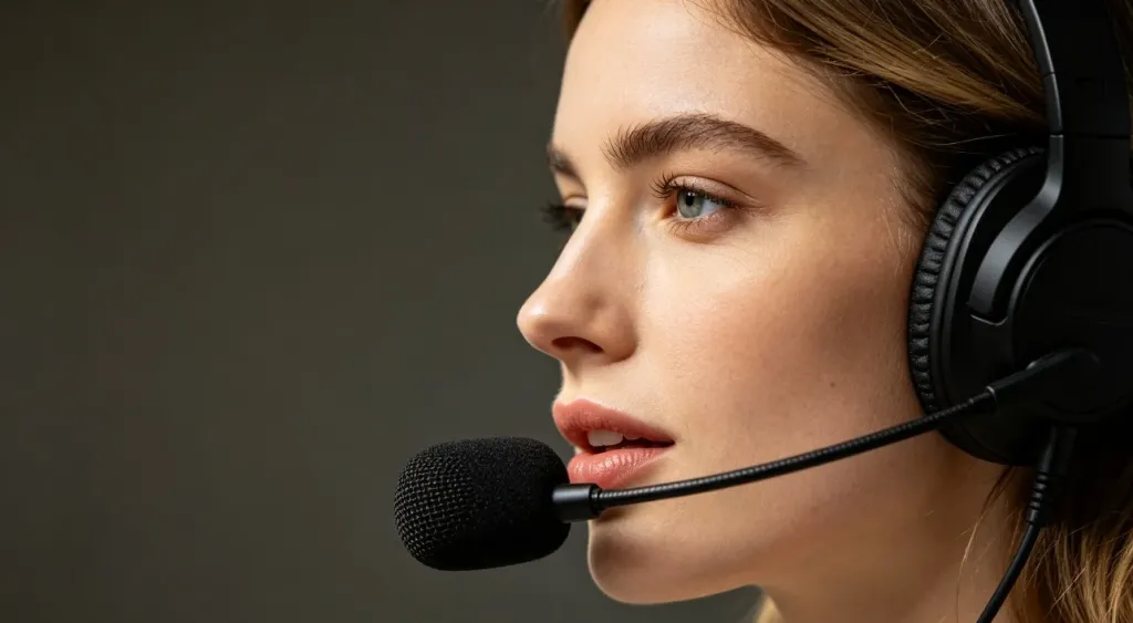 Close-up side profile of a woman wearing a professional headset with the boom microphone positioned near her lips