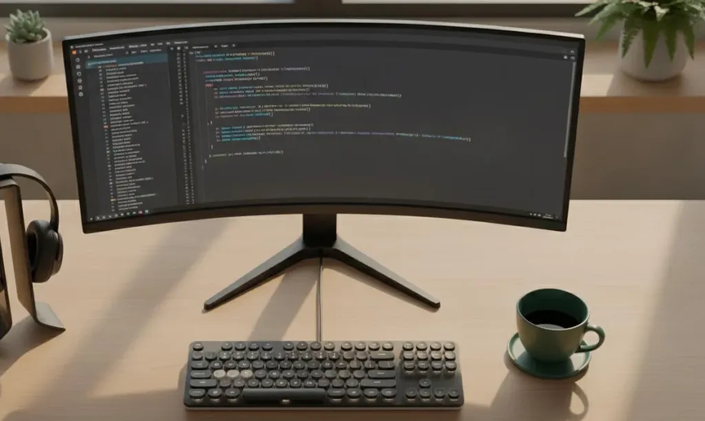 A minimalist programmer workstation with a curved monitor, a mechanical keyboard, and the best noise cancelling headphones for coding hanging on a stand.
