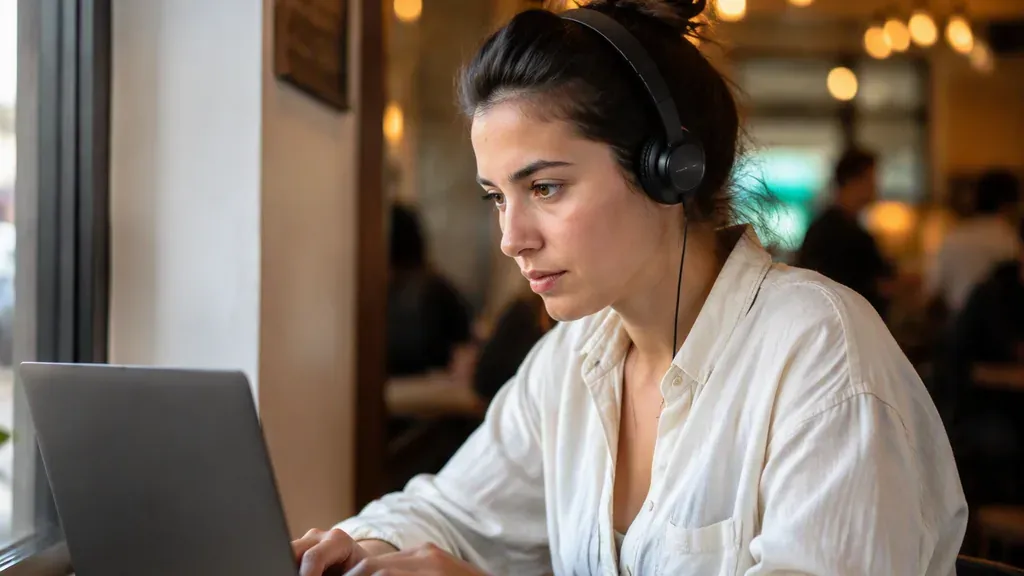 A woman wearing a lightweight headset while working on a laptop in a coffee shop