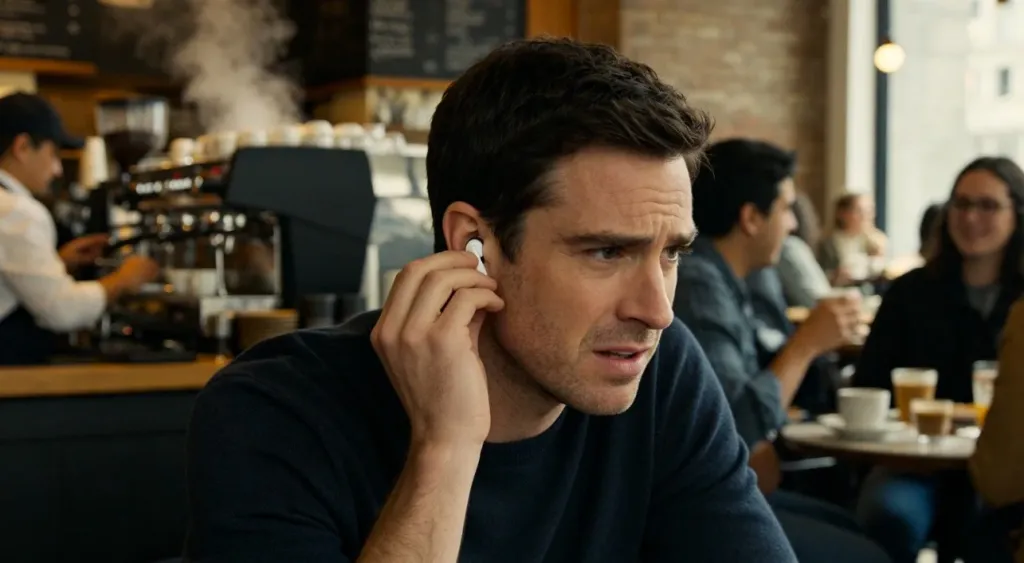 A man in a busy coffee shop struggling with traditional earbuds while noise surrounds him