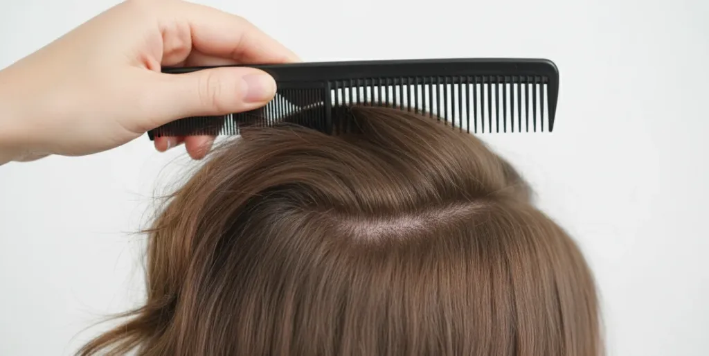 Close-up of a hand using a wide-tooth comb to lightly backcomb hair at the roots, creating volume over a flattened headphone dent area
