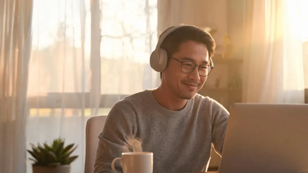 A relaxed man wearing a wireless headset working comfortably at a home desk with a coffee cup, smiling softly