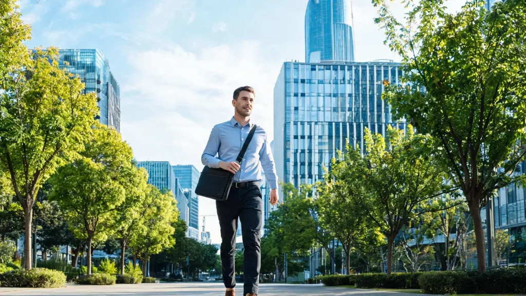 Professional walking through a modern city district toward a glass office building in morning light with urban environment