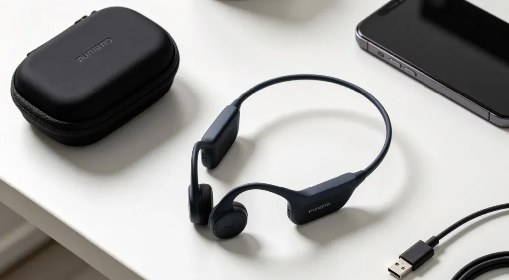 Overhead flat-lay of open-ear headphones, compact carrying case, USB-C cable, and smartphone on a clean desk