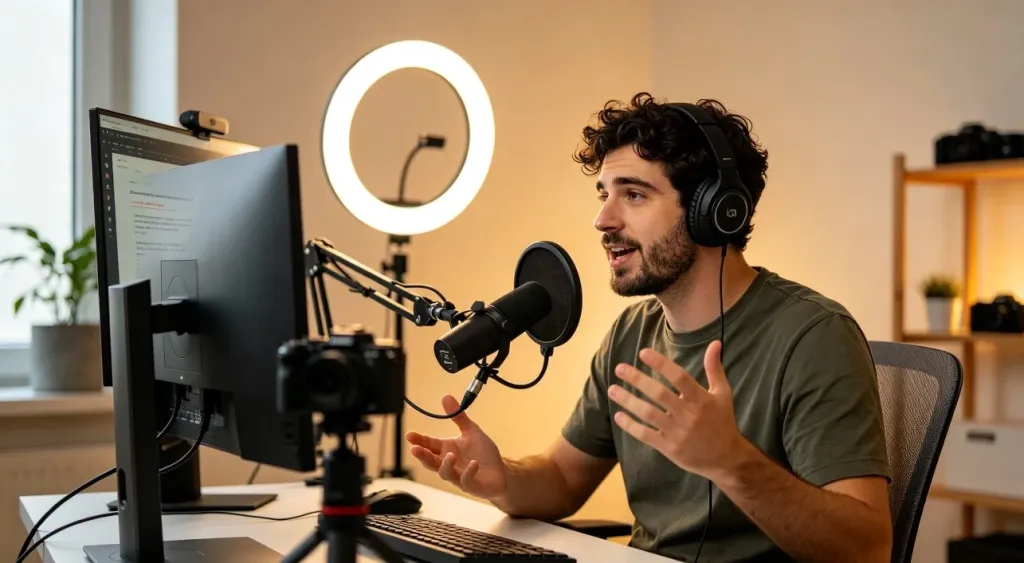 A content creator with curly hair speaking into a professional microphone while working at a creative studio desk with a large monitor and ring light
