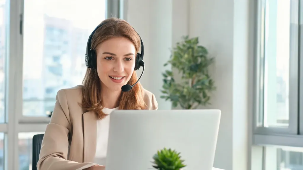Professional using a wireless headset during a Microsoft Teams video call in a modern office with natural window light