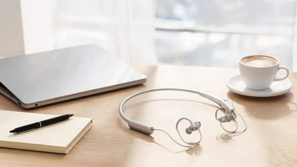 Cover image showing a lightweight open-ear wireless headset resting on a clean desk near a laptop and notebook