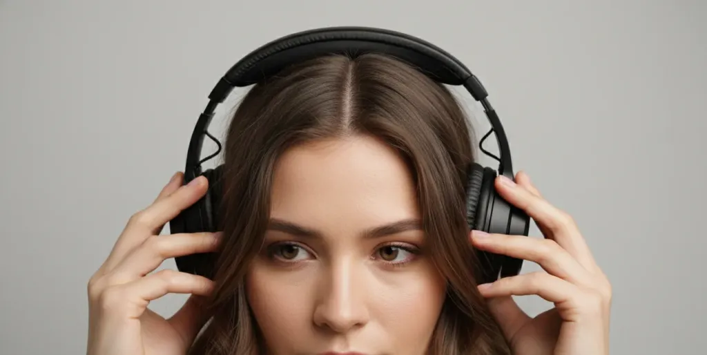 Person removing over-ear headphones showing temporary hair flattening where the headband rested