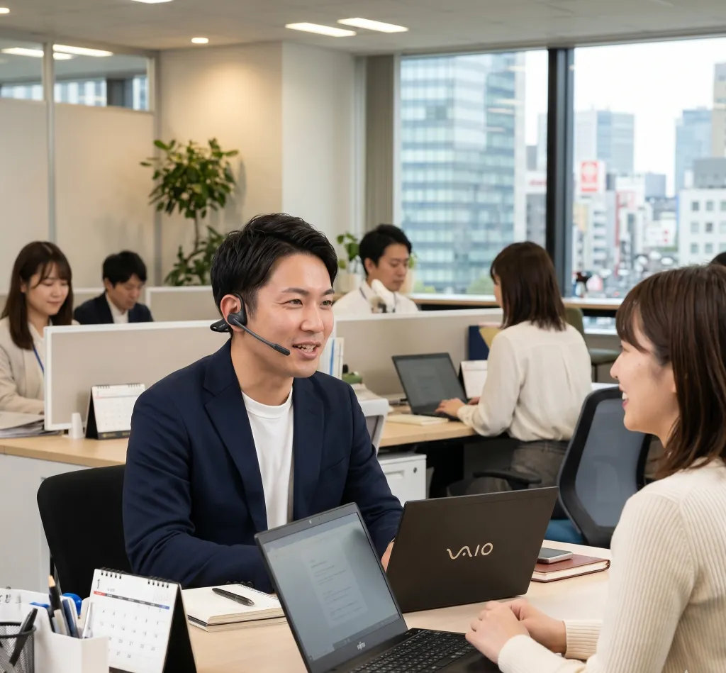 オフィスでオープンイヤー型イヤホンを装着しながら同僚と会話するプロフェッショナルな女性と男性の様子