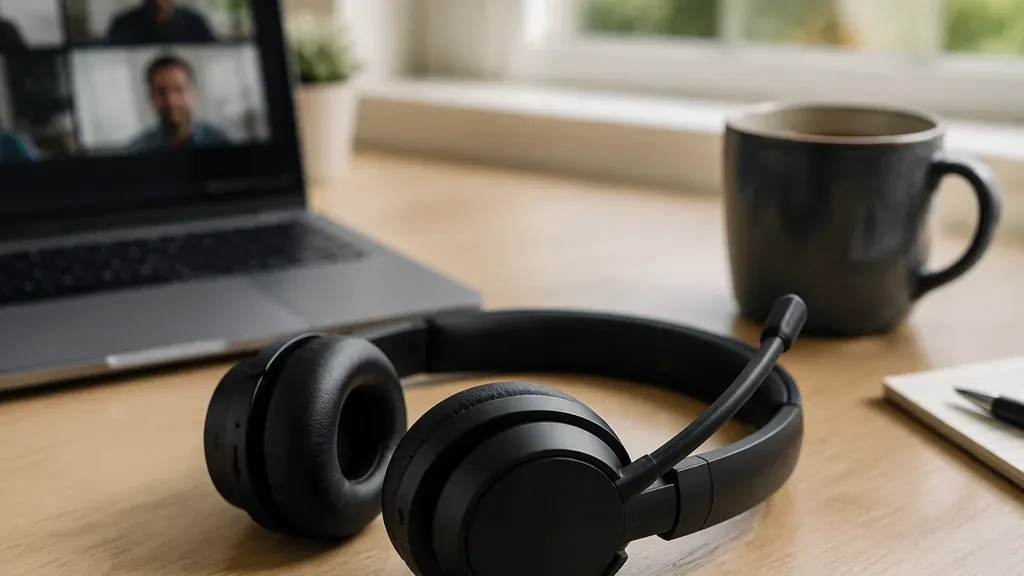 A wireless work headset with a boom mic resting beside a laptop running a video meeting