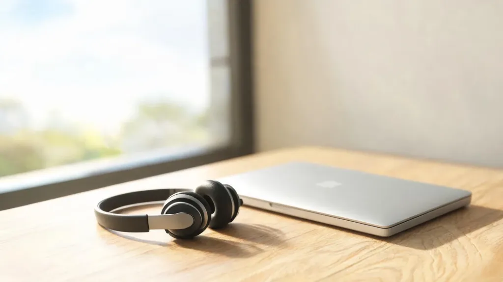 Modern wireless business headset resting beside a laptop on a clean desk with soft window light