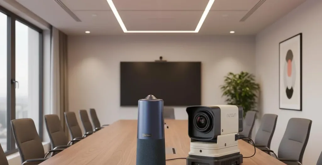 Professional PTZ conference camera on meeting table in modern conference room