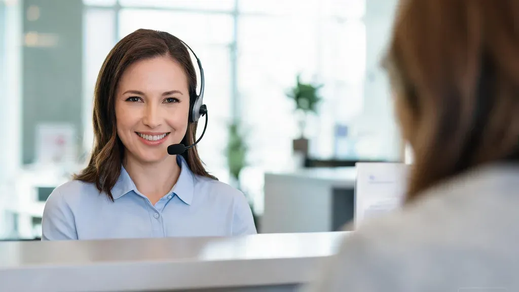Receptionist at a modern clinic front desk wearing a single-ear headset and greeting a visitor in soft window light