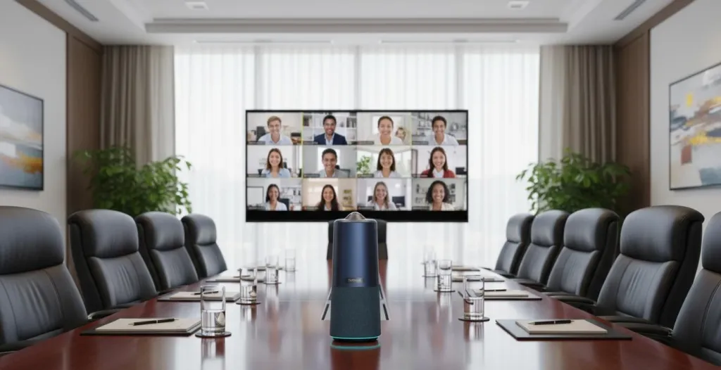 Modern video conference room with large display showing remote participants